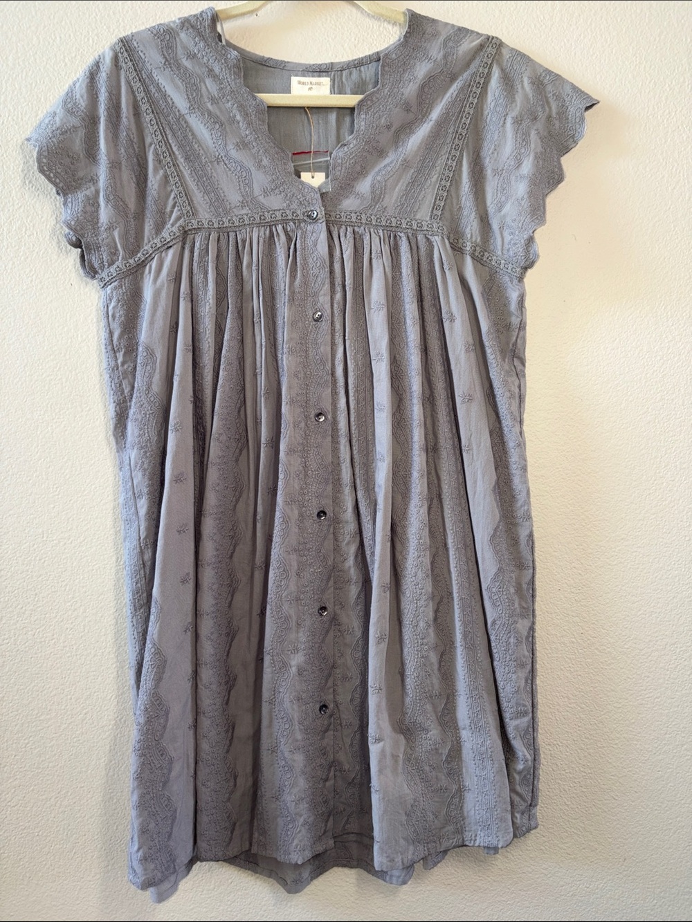 Cost Plus World Market Light Blue/Gray fully Embroidered Button-Front Dress